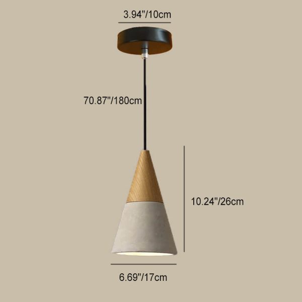 Contemporary Industrial Round Cone Triangle Cement Rubber Wood 1-Light Pendant Light For Living Room - Image 4