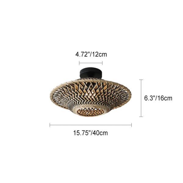 Chinese Zen Bamboo Weaving Flying Saucer Shape 1-Light Semi-Flush Mount Ceiling Light - Image 2