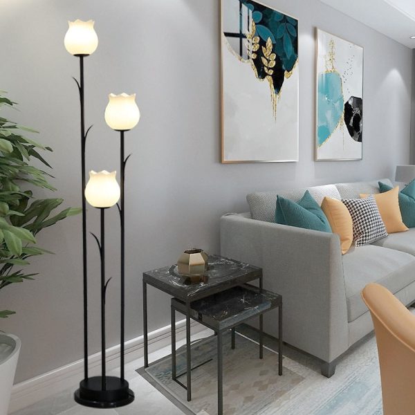 Contemporary Scandinavian Cylinder Flower Iron Glass 3-Light Standing Floor Lamp For Living Room - Image 3