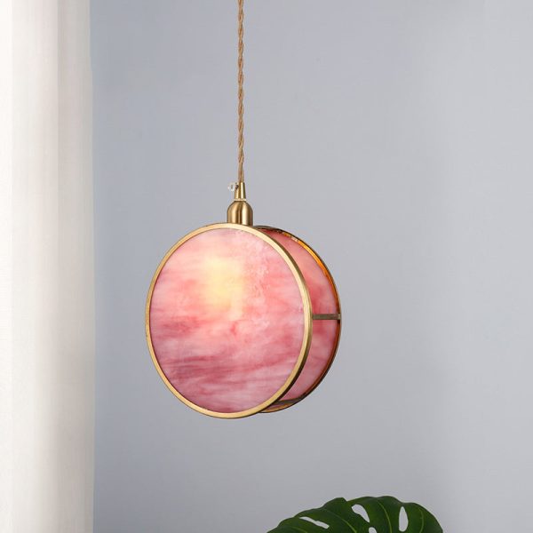 Japanese Vintage Round Drum Glass Brass 1-Light Pendant Light - Image 9