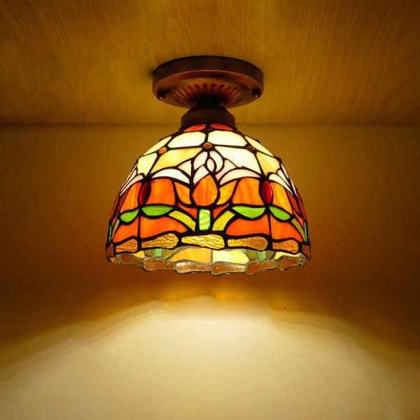 Traditional Tiffany Tulip Stained Glass Iron Dome 1-light Semi-Flush Mount Ceiling Light For Living Room - Image 6