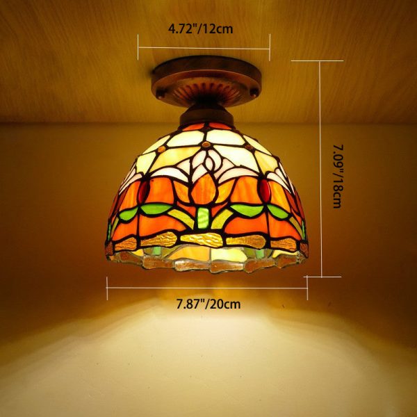Traditional Tiffany Tulip Stained Glass Iron Dome 1-light Semi-Flush Mount Ceiling Light For Living Room - Image 5