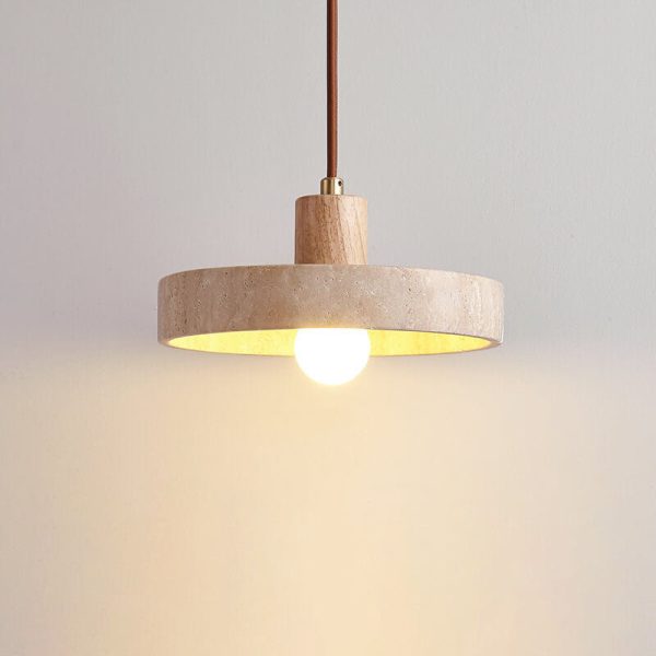 Japanese Minimalist Solid Wood Disc Yellow Travertine Base 1-Light Pendant Light - Image 2