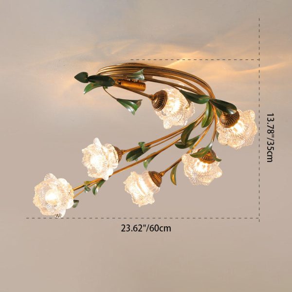 Traditional French Floral Iron Glass 6-Light Flush Mount Ceiling Light For Living Room - Image 3