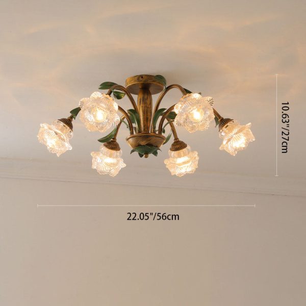 Traditional Rustic Floral Iron Glass 6/8/10 Light Semi-Flush Mount Ceiling Light For Living Room - Image 4