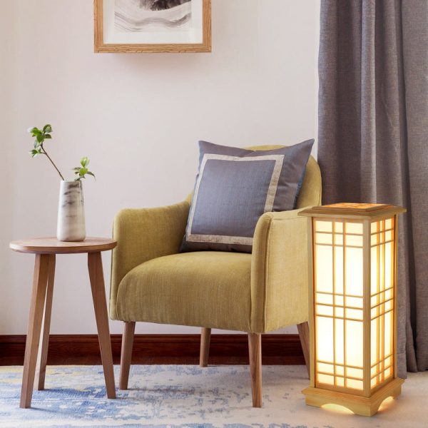 Traditional Japanese Wood Acrylic Pillar Rectangular 1/2/3 Light Standing Floor Lamp For Bedroom - Image 3