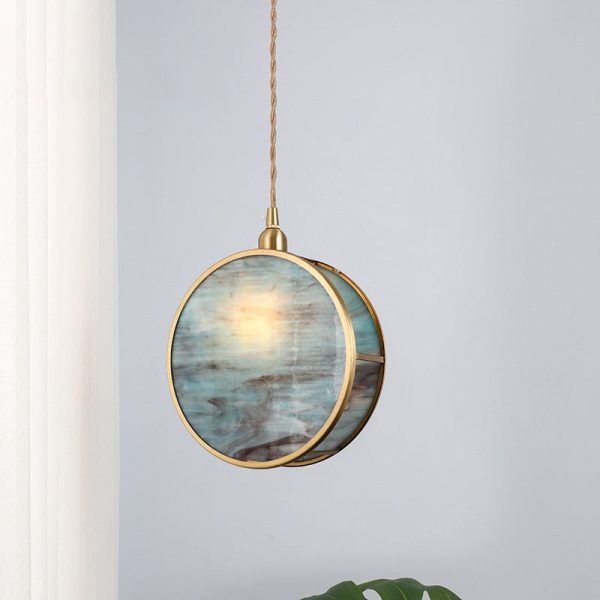 Japanese Vintage Round Drum Glass Brass 1-Light Pendant Light - Image 2