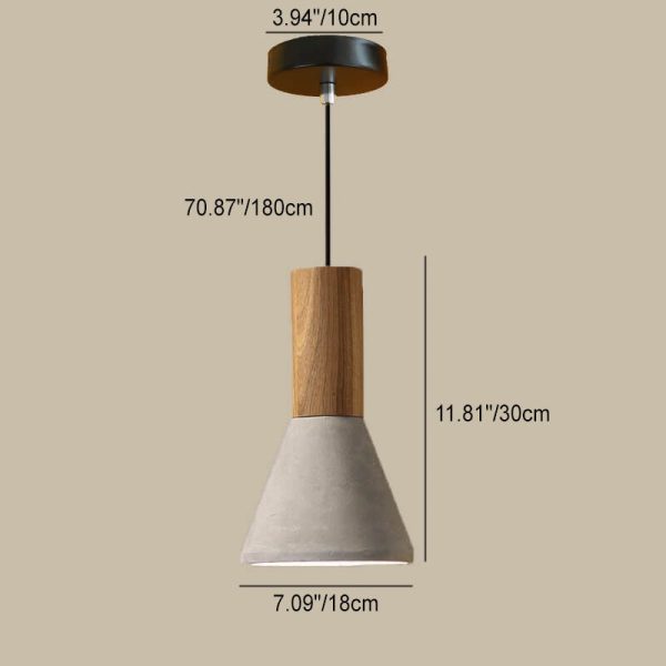 Contemporary Industrial Round Cone Triangle Cement Rubber Wood 1-Light Pendant Light For Living Room - Image 5