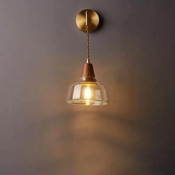 Japanese Walnut Glass  Copper Cylinder 1-Light Wall Sconce Lamp - Image 4