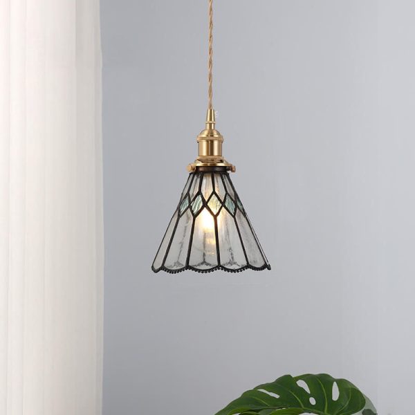 Japanese Vintage Brass Stained Glass Cone 1-Light Pendant Light - Image 17