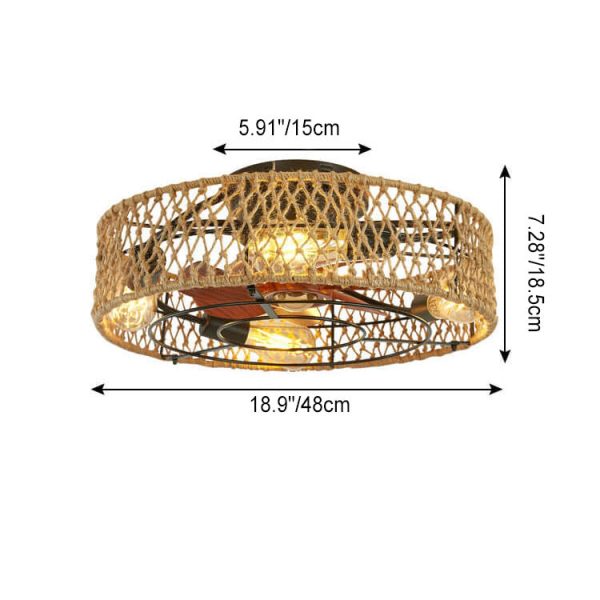 Traditional Rustic Round Drum Iron Hemp Rope 4-Light Semi-Flush Mount Ceiling Fan Light For Bedroom - Image 6
