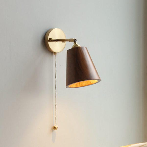 Contemporary Scandinavian Round Cone Dome Copper Wood 1-Light Wall Sconce Lamp For Bedroom - Image 14