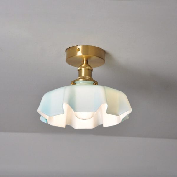 Japanese Vintage Cream Glass Floral Brass 1-Light Semi-Flush Mount Ceiling Light - Image 2