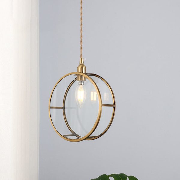 Japanese Vintage Round Drum Glass Brass 1-Light Pendant Light - Image 3