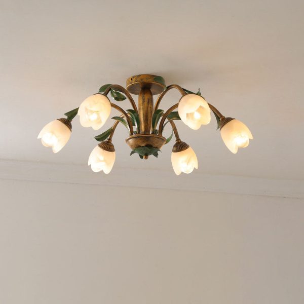 Traditional Rustic Floral Iron Glass 6/8/10 Light Semi-Flush Mount Ceiling Light For Living Room - Image 17