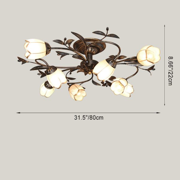 Traditional French Flower Shaped Iron Glass 4/6/8/10/12 Light Semi-Flush Mount Ceiling Light For Bedroom - Image 6