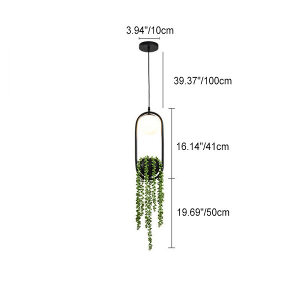 Modern Art Deco Iron Glass Elliptical Simulated Greenery 1-Light Pendant Light For Dining Room - Image 3