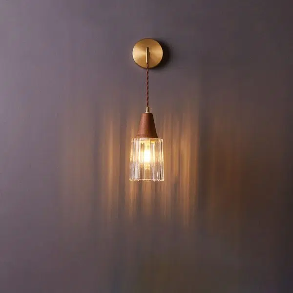Japanese Walnut Glass  Copper Cylinder 1-Light Wall Sconce Lamp - Image 5