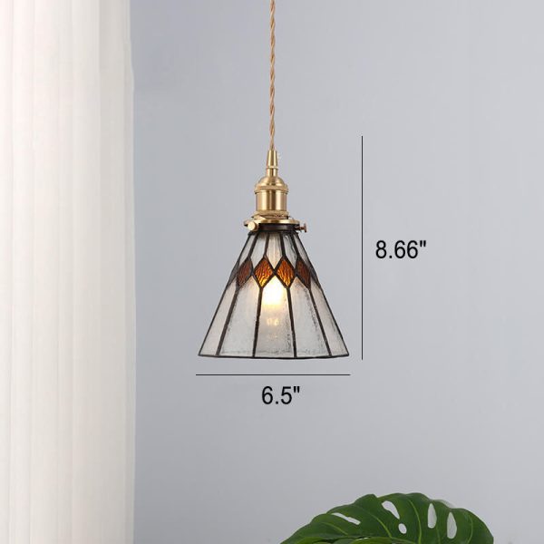 Japanese Vintage Brass Stained Glass Cone 1-Light Pendant Light - Image 9