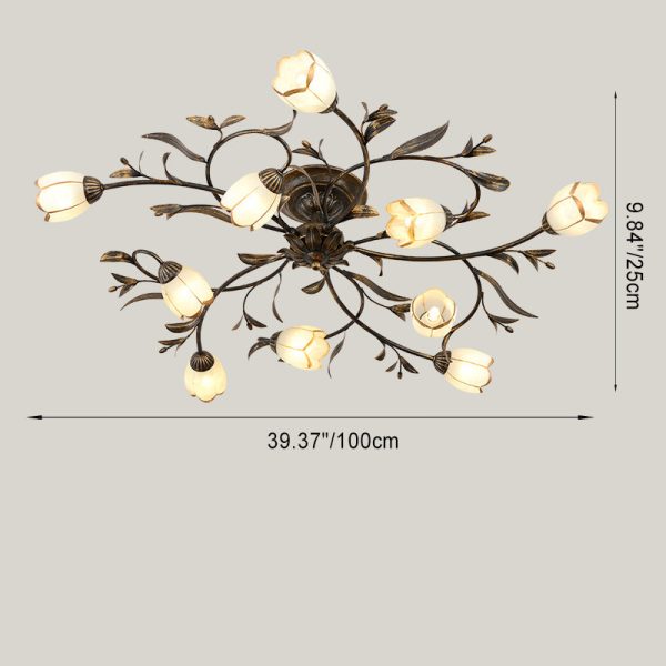 Traditional French Flower Shaped Iron Glass 4/6/8/10/12 Light Semi-Flush Mount Ceiling Light For Bedroom - Image 7