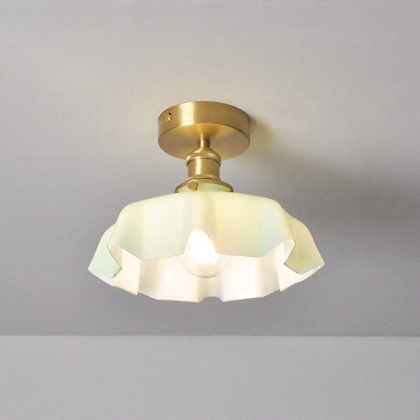 Japanese Vintage Cream Glass Floral Brass 1-Light Semi-Flush Mount Ceiling Light - Image 4