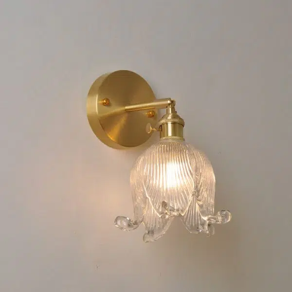 Vintage Japanese Brass Glass Bell Flower 1-Light Wall Sconce Lamp - Image 2