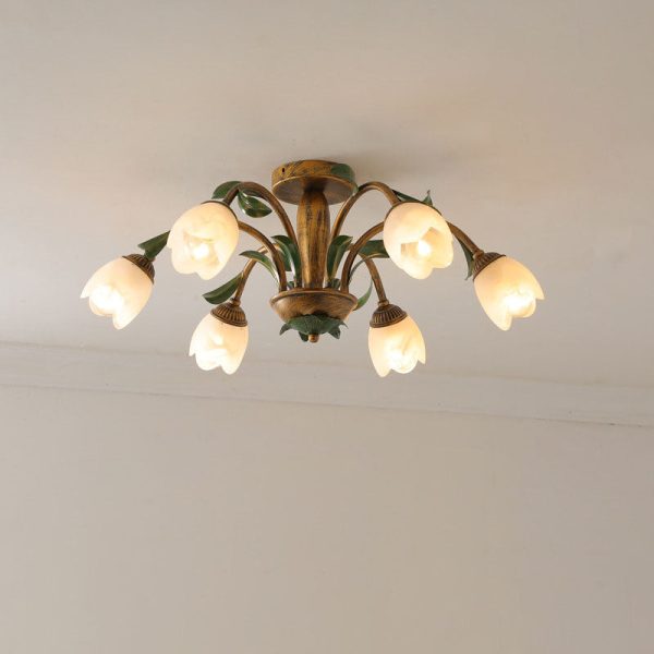 Traditional Rustic Floral Iron Glass 6/8/10 Light Semi-Flush Mount Ceiling Light For Living Room - Image 18