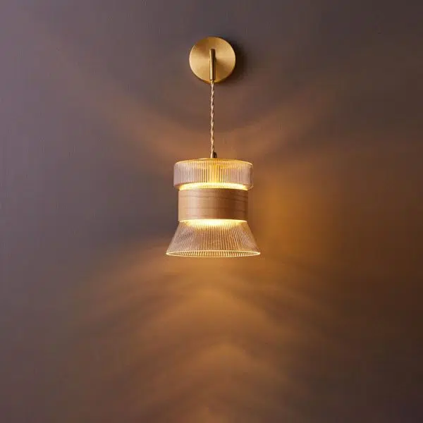 Japanese Walnut Glass  Copper Cylinder 1-Light Wall Sconce Lamp - Image 9