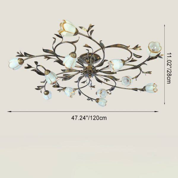 Traditional French Flower Shaped Iron Glass 4/6/8/10/12 Light Semi-Flush Mount Ceiling Light For Bedroom - Image 8