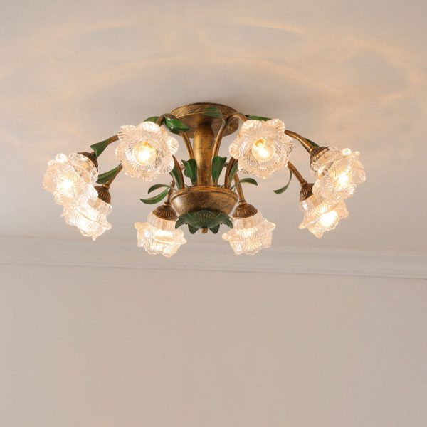 Traditional Rustic Floral Iron Glass 6/8/10 Light Semi-Flush Mount Ceiling Light For Living Room - Image 19