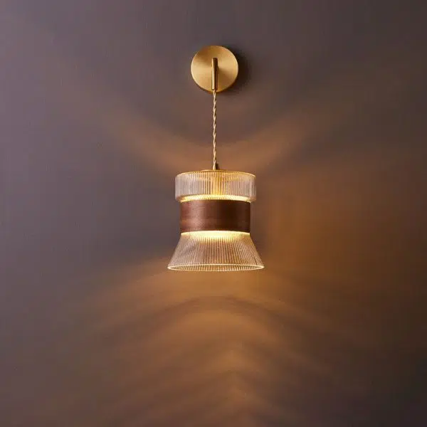 Japanese Walnut Glass  Copper Cylinder 1-Light Wall Sconce Lamp - Image 10