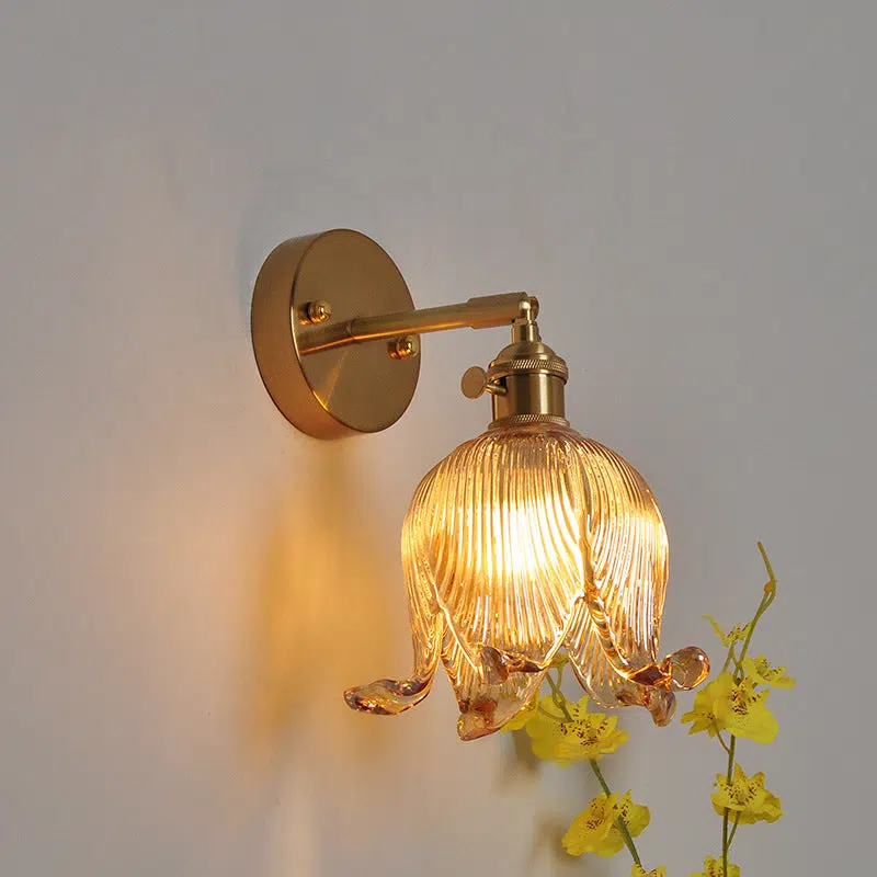 SKU-05-ba5cff33-50fe-4d7f-9fbd-add2da4fde23.jpg Vintage Japanese Brass Glass Bell Flower 1-Light Wall Sconce Lamp - Image 1