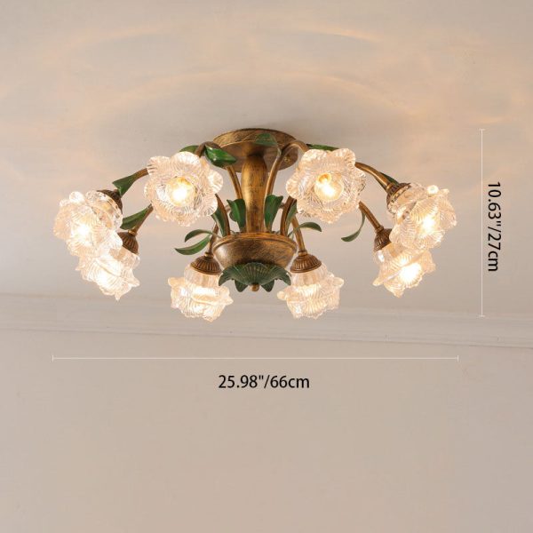 Traditional Rustic Floral Iron Glass 6/8/10 Light Semi-Flush Mount Ceiling Light For Living Room - Image 5
