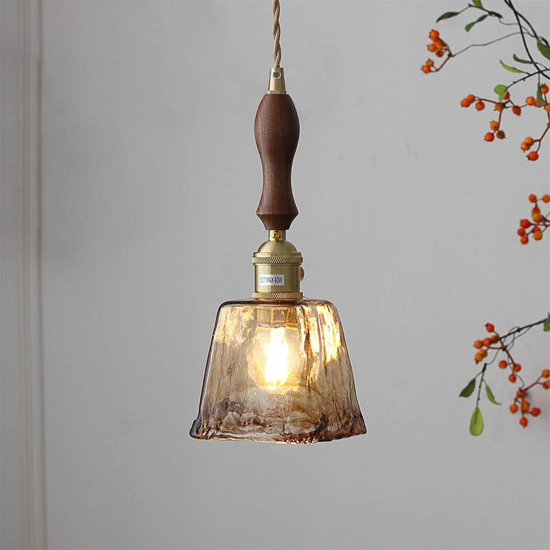 SKU-07-A-1.jpg Modern Eclectic Amber Glass Walnut Color Handle 1-Light Pendant Light For Living Room - Image 1
