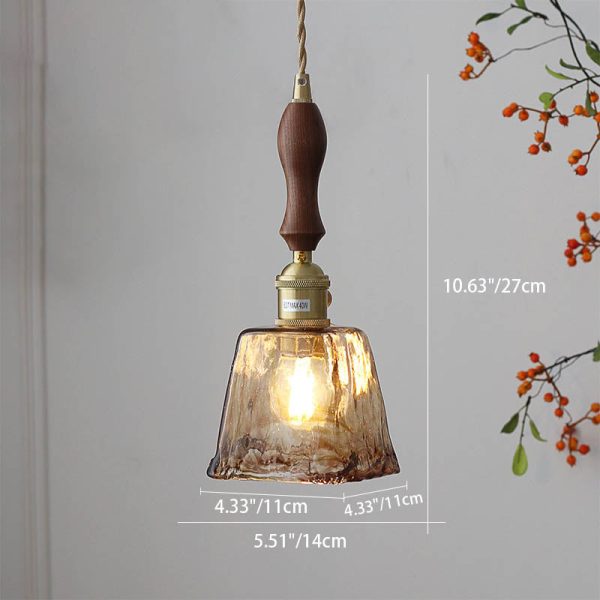 Modern Eclectic Amber Glass Walnut Color Handle 1-Light Pendant Light For Living Room - Image 7