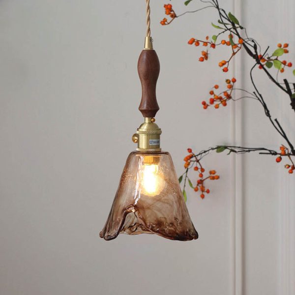 Modern Eclectic Amber Glass Walnut Color Handle 1-Light Pendant Light For Living Room - Image 2