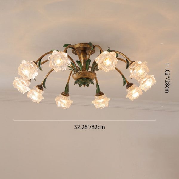 Traditional Rustic Floral Iron Glass 6/8/10 Light Semi-Flush Mount Ceiling Light For Living Room - Image 6