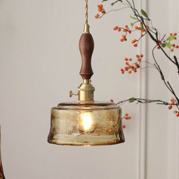 Modern Eclectic Amber Glass Walnut Color Handle 1-Light Pendant Light For Living Room - Image 3