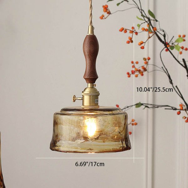 Modern Eclectic Amber Glass Walnut Color Handle 1-Light Pendant Light For Living Room - Image 9