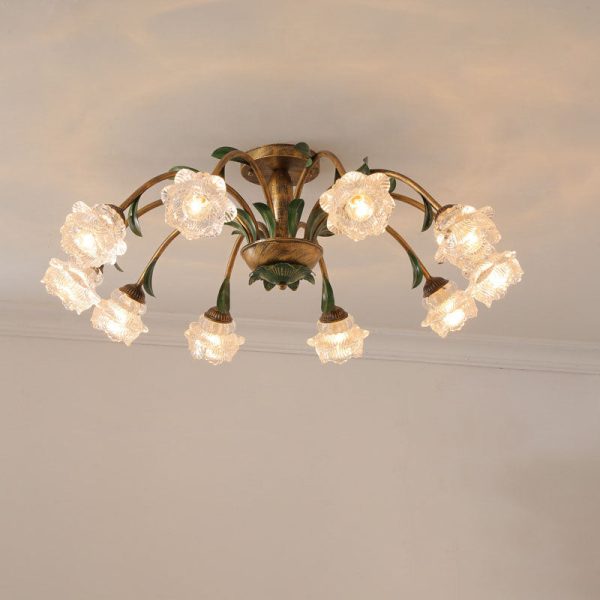 Traditional Rustic Floral Iron Glass 6/8/10 Light Semi-Flush Mount Ceiling Light For Living Room - Image 14