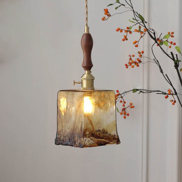 Modern Eclectic Amber Glass Walnut Color Handle 1-Light Pendant Light For Living Room - Image 4