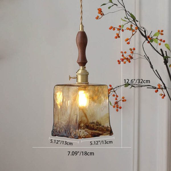 Modern Eclectic Amber Glass Walnut Color Handle 1-Light Pendant Light For Living Room - Image 10