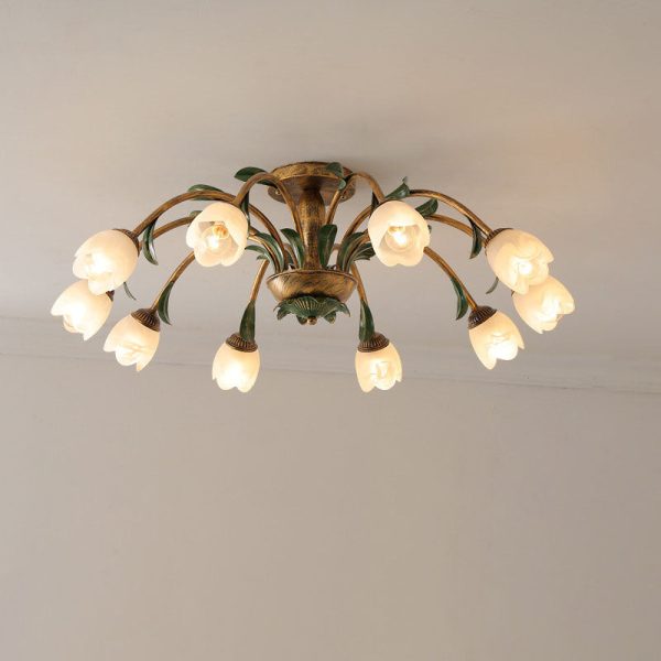Traditional Rustic Floral Iron Glass 6/8/10 Light Semi-Flush Mount Ceiling Light For Living Room - Image 12