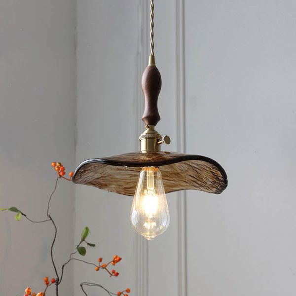 Modern Eclectic Amber Glass Walnut Color Handle 1-Light Pendant Light For Living Room - Image 5