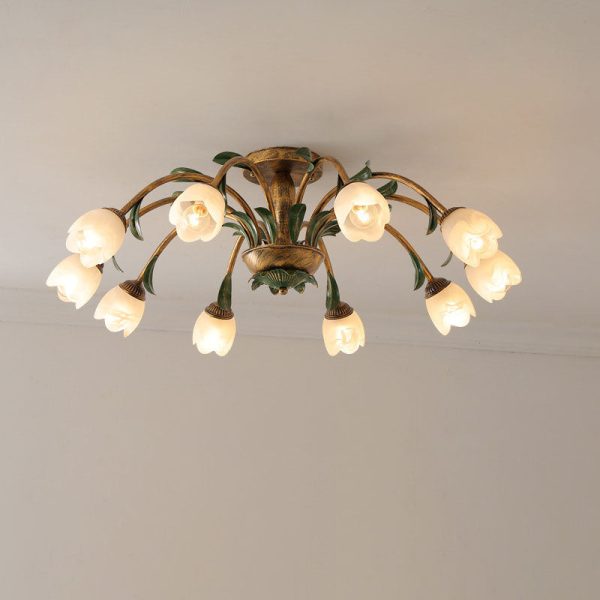 Traditional Rustic Floral Iron Glass 6/8/10 Light Semi-Flush Mount Ceiling Light For Living Room - Image 15