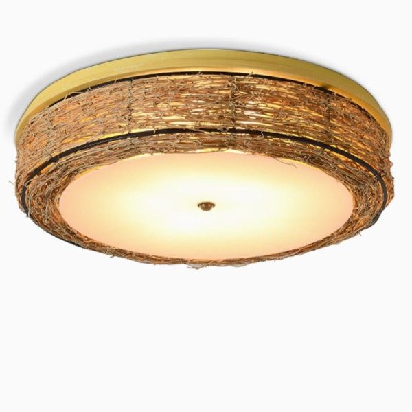 Compact Flush Mount Lighting Covered In Burly wood Wicker - Image 11