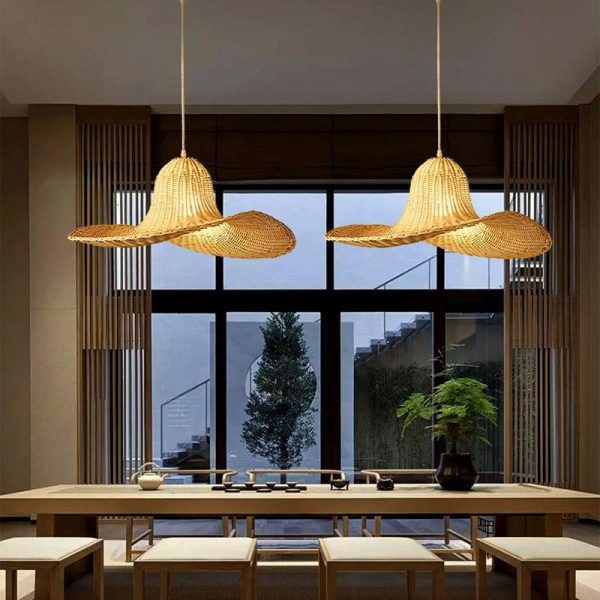 24'' Rustic Hat Shaped Rattan Pendant Light Dining Room Ceiling Light - Image 2