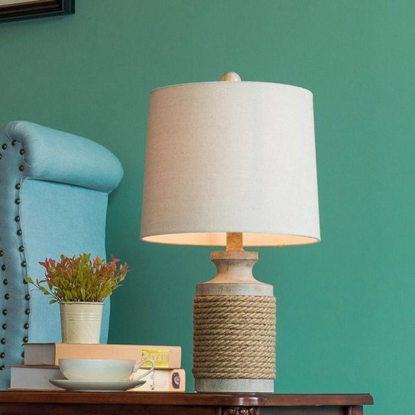 Rustic Oatmeal Fabric Shade Rope Stone Table Lamp - Image 2