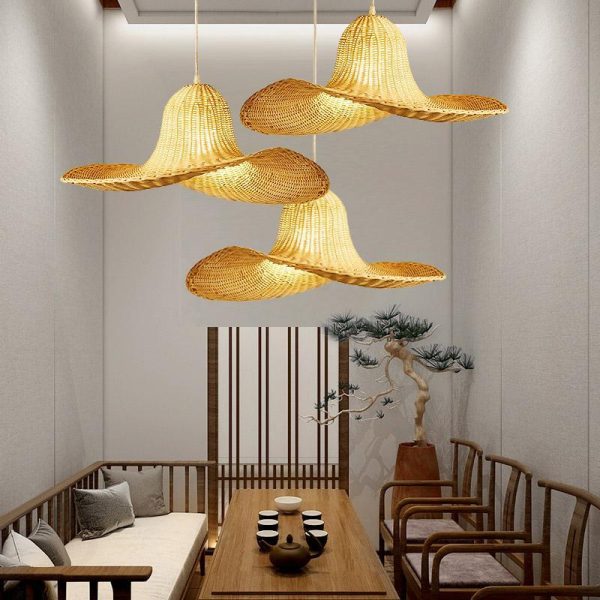 24'' Rustic Hat Shaped Rattan Pendant Light Dining Room Ceiling Light - Image 5