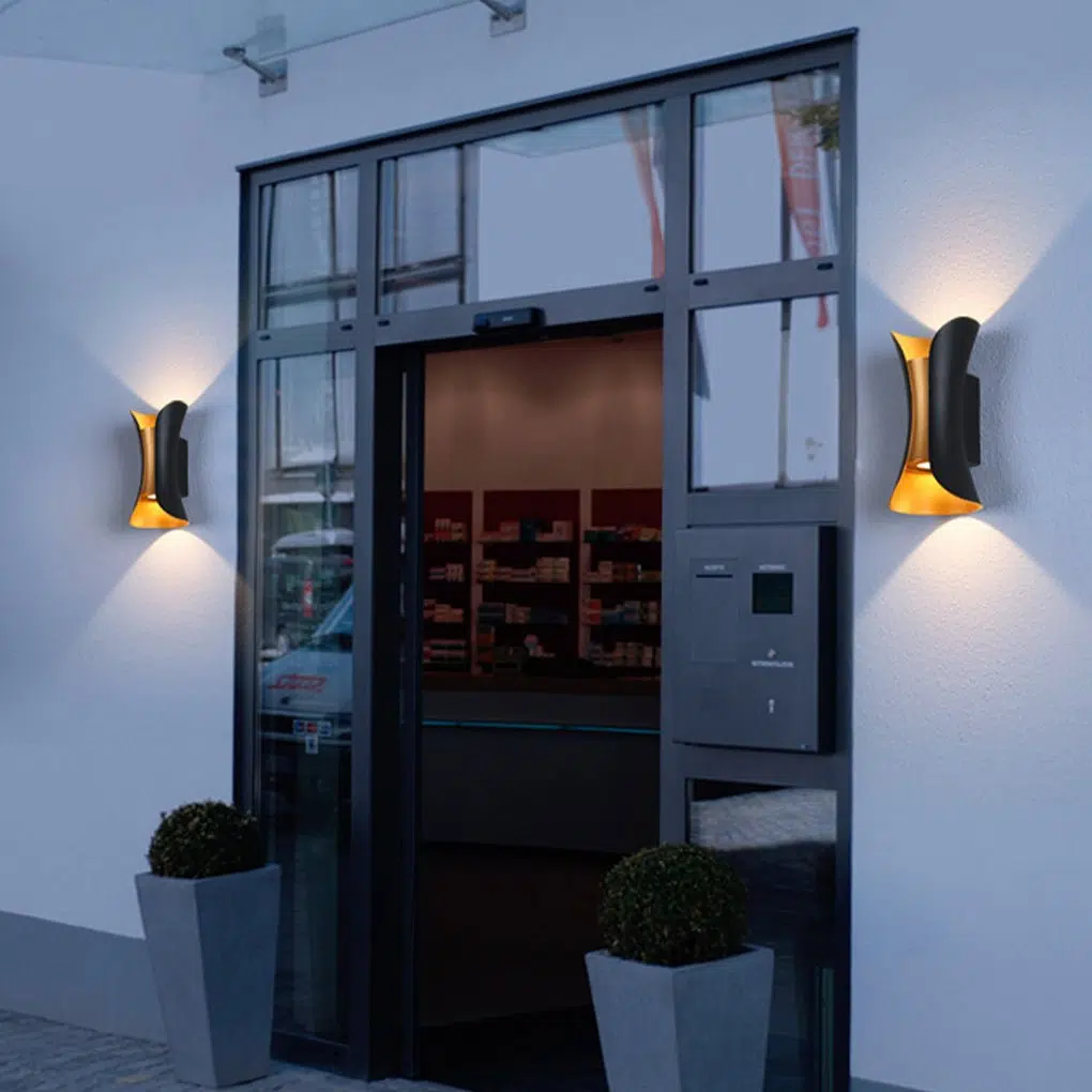 aluminum-and-tempered-glass-outdoor-lighting-garden-wall-light-doorwaydazuma-339170.jpg Curved LED Up and Down Lighting Waterproof Modern Outdoor Wall Lights - Image 1